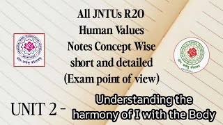 Understanding the Harmony of I with the body  JNTUs R20 Universal human values concept wise notes [upl. by Auhsej]