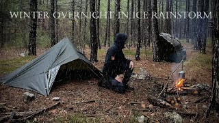 2 DAYS Solo Winter Overnighter in THUNDERSTORM  Quick Tarp Shelter Bushcraft in Heavy Rain  ASMR [upl. by Sheppard219]