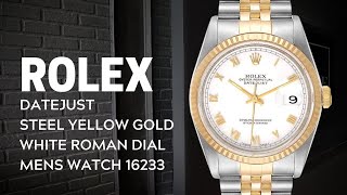 Rolex Datejust Steel Yellow Gold White Roman Dial Mens Watch 16233 Review  SwissWatchExpo [upl. by Brita263]