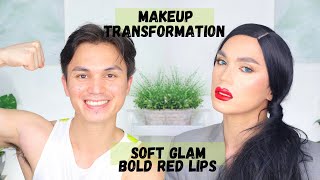 Makeup Transformation Boy to Girl  Bold RED Lips Soft Glam [upl. by Sonja]