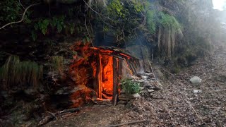 Build a Secret bushcraft shelter with fireplace inside  Winter camping in extreme cold weather [upl. by Dinse]