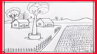 How to draw a village house 🏠 with farmland ❤️Paddy field with farmer scenery Drawing [upl. by Juanita766]