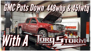 TorqStorm Strikes again 200rwhp gain from supercharger alone This Gmc sierra makes 448whp amp 451wtq [upl. by Okechuku]