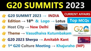 G20 Summits 2023 India  G20 Summit Imp MCQs  G20 शिखर सम्मेलन 2023  G20 Current Affairs 2023 [upl. by Lynnea914]