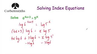 Solving Index Equations using Logs  Part 1  Corbettmaths [upl. by Nashoma]