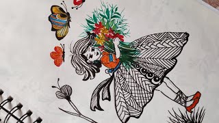 Zentangle inspired artGirl with flowers and butterflies in zentangle pattern designZentangle art [upl. by Annirac51]