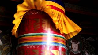 Large prayer wheel inside the Punakha Dzong Bhutan [upl. by Amuwkuhc895]