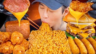 ASMR MUKBANG  Triple Cheeseburger Spicy Noodles Spam Cheese Stick Fried Chicken [upl. by Olette547]