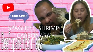 SPAGHETTI SHRIMP CARBONARA w Toasted Garlic Bread Eating Show  w Nilagang Baka Side Dish  Pinoy [upl. by Nathaniel]