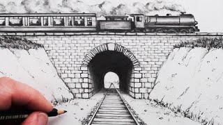 How to Draw using 1Point Perspective Train Track and Tunnel [upl. by Svoboda]