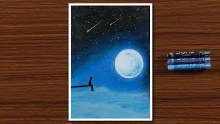 Easy Oil Pastel Drawing for Beginners  A Boy in Moonlight Night  STEP by STEP [upl. by Nalepka]