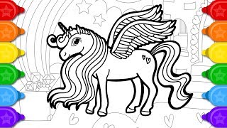 Glitter alicorn drawing and coloring for kids  How to draw glitter alicorn coloring page [upl. by Anica]