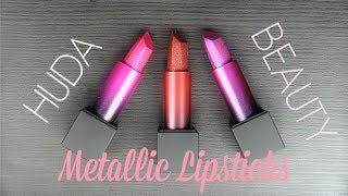 HUDA BEAUTY Power Bullet Metallic Lipsticks LIP SWATCHES amp Review [upl. by Norramic]