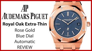 ▶Audemars Piguet Royal Oak ExtraThin Rose Gold Blue Dial Automatic  REVIEW 15202OROO1240OR01 [upl. by Selby]