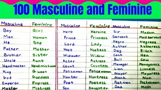 Masculine and Feminine । Masculine Feminine Change the Gender 100 Common Gender List [upl. by Aeht]