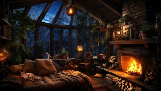 Thunderstorm with Lightning Rain Crackling Fireplace amp Sleeping Cats in a Cozy Cabin [upl. by Etana]