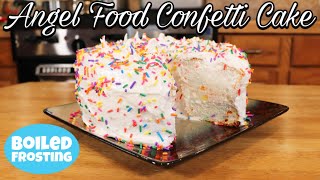 The Best Angel Food Confetti Cake Light amp Fluffy Boiled Frosting Must Try Recipe PARTY CAKE [upl. by Hayimas]