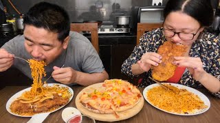 Crispy fried Fish Fillets Home made Cheese Piza with 2X Spicy Noodles Mukbang [upl. by Netloc]