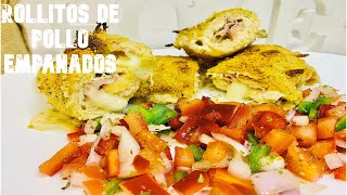 Rollitos de pollo empanados rellenos de jamón dulce y mozzarella super fácil solo 10 minutos [upl. by Nesral]