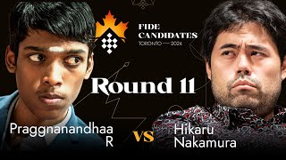 Round 11  Praggnanandhaa R vs Hikaru Nakamura  FIDE Candidates 2024 [upl. by Moncear]