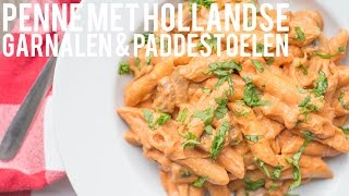 RECEPT Penne met Hollandse garnalen en paddestoelen  OhMyFoodness [upl. by Etterual]