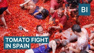 Hundreds Of Tons Of Tomatoes Are Used As Ammo In Spains Tomatina Festival [upl. by Corilla999]