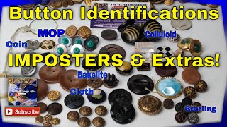 VINTAGE Button Collection Identification Celluloid Glass Ivory Vegetable MOP Shell Bakelite Metals [upl. by Bunns]