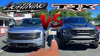 2022 Lightning EV F150 Shocks 702hp RAM TRX in best of 3 Drag Race [upl. by Fadden]