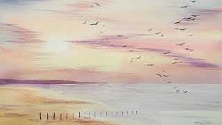 How To Paint a Beautiful Summer Sunset Beach in Watercolor Simple Ideas for Watercolour Painting [upl. by Adachi]