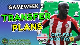 FPL GW5 TRANSFER PLANS  JOAO PEDRO WISSA INJURED🚑 EZE NOT ON PENS😬  FPL 202425 Tips amp Strategy [upl. by Mortensen736]