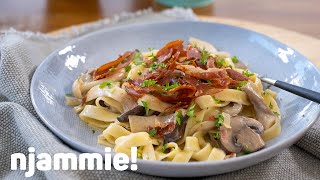 Feestelijke pasta met bospaddenstoelen en Parmaham Recept  njammie [upl. by Llenrub275]