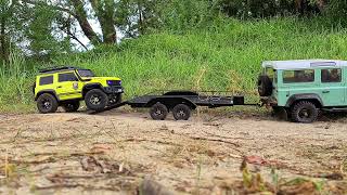 RC 4X4 Land Rover Defender D110 Towing little 110 scale Suzuki Jimny E101003 and RGT 13600 V3 [upl. by Rakia]