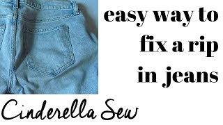 Fix a rip in the butt of jeans  How to fix ripped jeans  Sew a tear in pants easy no machine DIY [upl. by Analim103]