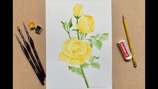 Lovely Yellow Rose Painting in only TWO COLOURS  Challenge Accepted Watercolour Botanical Study [upl. by Latreese]