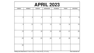 Printable April 2023 Calendar Templates with Holidays  VL Calendar [upl. by Eiryt645]