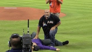 Wrestler Goldberg spears guy in purple on Legends of Wrestling Night [upl. by Nappy]