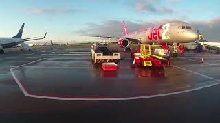 Sunny Morning Apron Bus Ride at Leeds Bradford Airport Leeds West Yorkshire England  12 Aug 2017 [upl. by Cadel586]