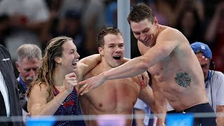 USA mixed 4x100M medley relay team breaks world record to win gold at Olympics [upl. by Evilo470]