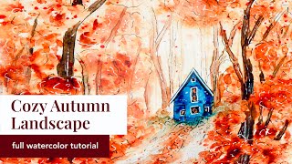 Autumn Landscape in Watercolor  Painting Tutorial for Beginners voiceover [upl. by Diandra283]