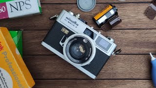 Minolta Hi Matic E 35mm rangefinder camera review and how to load film  battery [upl. by Raymond366]