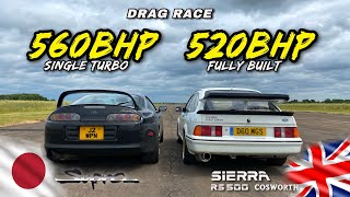 ICONIC LEGENDS 520HP FORD SIERRA RS500 v 560HP TOYOTA SUPRA [upl. by Samohtnhoj]