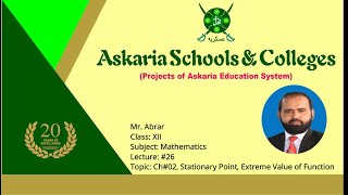 XII Year  Maths  Ch02  Stationary Point Extreme Value of Functions Lec 26  Prof Abrar Mehmood [upl. by Dewhurst]