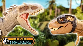 Tyrannosaurus rex Battles the Indominus rex  Jurassic World Dino Trackers [upl. by Dymphia]