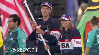 Katie Ledecky Nick Mead lead Team USA out for Closing Ceremony  Paris Olympics  NBC Sports [upl. by Klein735]