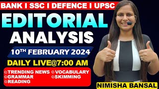 Editorial Analysis  10th February 2024  Vocab Grammar Reading Skimming  Nimisha Bansal [upl. by Reivaxe]