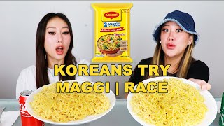 KOREAN SISTERS TRY MAGGI NOODLES 🍜  RACE CHALLENGE [upl. by Llemrej]