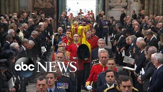 Queen Elizabeth IIs coffin arrives at Westminster Abbey  ABC News [upl. by Matthia207]