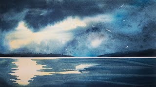 Step by Step Simple Stormy Sky Watercolor Painting Tutorial with Beautiful Light on a Still Lake [upl. by Engedi]