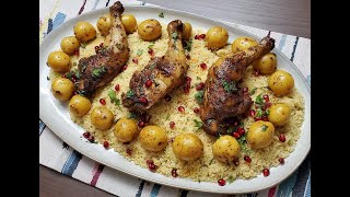 BAHARAT BAKED CHICKEN BATATA HARRA amp COUSCOUS  MIDDLE EASTERN CHICKEN ROAST  SPICY BAKED CHICKEN [upl. by Giacomo788]