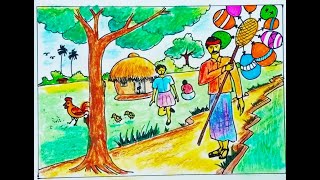 How to draw a scenery of a Balloon seller in Bengali step by step [upl. by Eula]